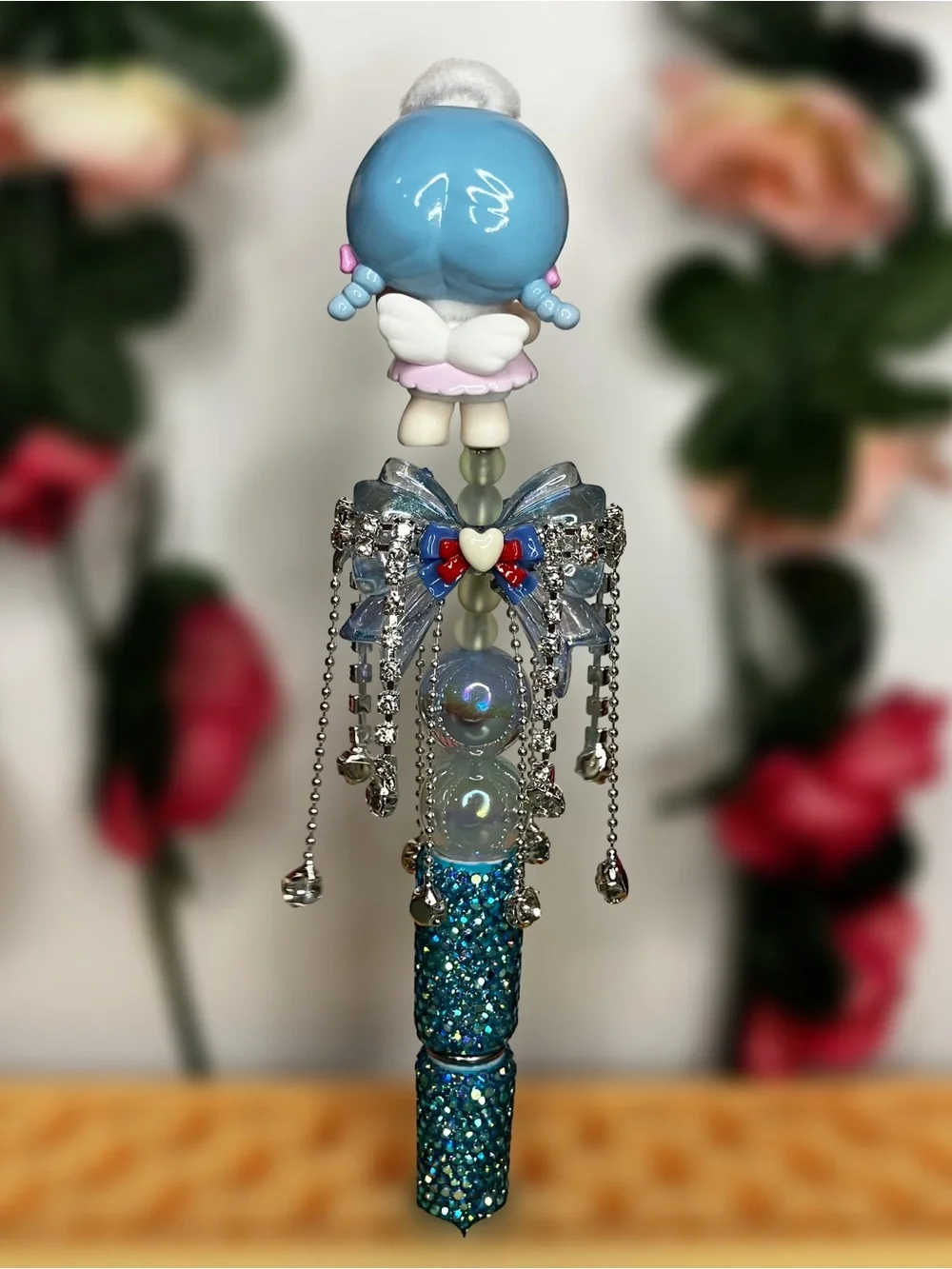 Keeno Angel with Fancy Rhinestone Dangle Bow Handmade Beaded Pen